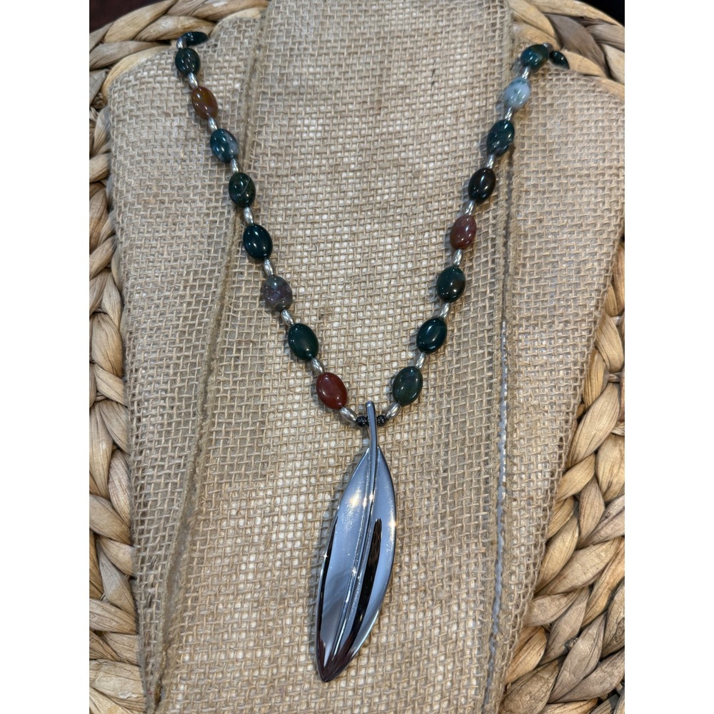 Vintage Italy 925 Sterling Silver Leaf Pendant Gemstone Bead Toggle Necklace
